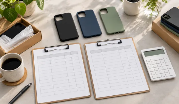 Two blank quantity worksheets and a calculator beside assorted phone cases for order comparison.