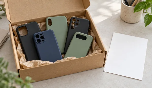 A small assortment of black, navy and sage phone cases in an open cardboard box beside a blank card.