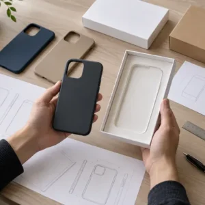 Hands comparing a generic phone case with a paper packaging insert on a procurement desk.
