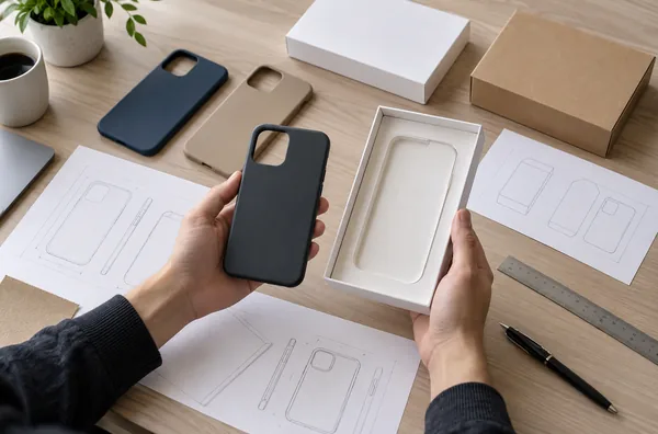 Hands comparing a generic phone case with a paper packaging insert on a procurement desk.