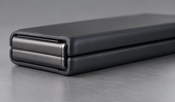 Closed foldable phone viewed from the side with its hinge and case edges visible