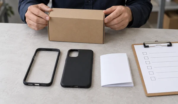 Foldable phone case parts beside a plain box and blank instruction leaflet