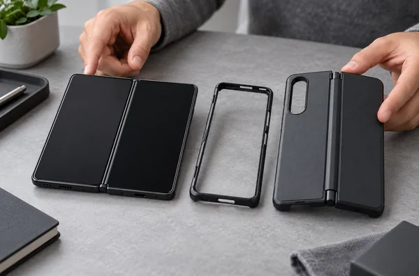 Unbranded foldable phone cases and sample components arranged for a buyer review