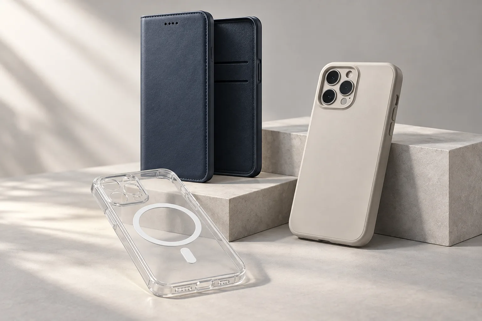 Illustrative navy folio case, clear magnetic case and matte protective case