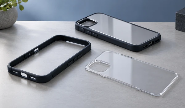 Separate bumper frame and transparent back plate beside an assembled hybrid phone case concept