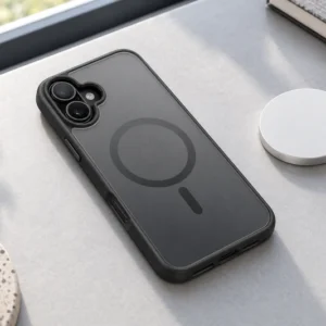 DUXDUCIS Phone Case for iPhone 16 - Black magnetic case on a desk beside a magnetic charging puck
