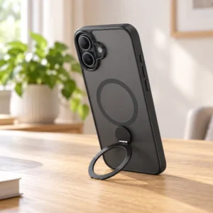 DUXDUCIS Phone Case for iPhone 16 Plus with Stand - Black case in a bright home scene with unfolded portrait ring stand