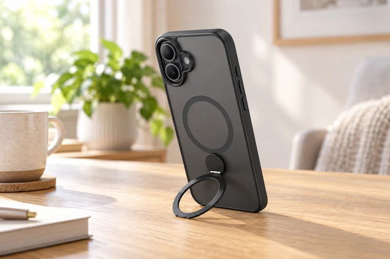 DUXDUCIS Phone Case for iPhone 16 Plus with Stand - Black case in a bright home scene with unfolded portrait ring stand