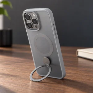 DUXDUCIS Phone Case for iPhone 16 Pro with Stand - Grey desk scene with opened portrait ring stand