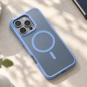 DUXDUCIS Phone Case for iPhone 16 Pro - Light Blue cafe flat lay