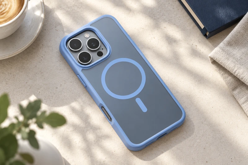 DUXDUCIS Phone Case for iPhone 16 Pro - Light Blue cafe flat lay