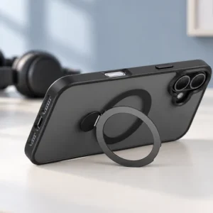 DUXDUCIS Phone Case for iPhone 16 with Stand - Black case in a blue-toned media desk scene with unfolded landscape ring stand