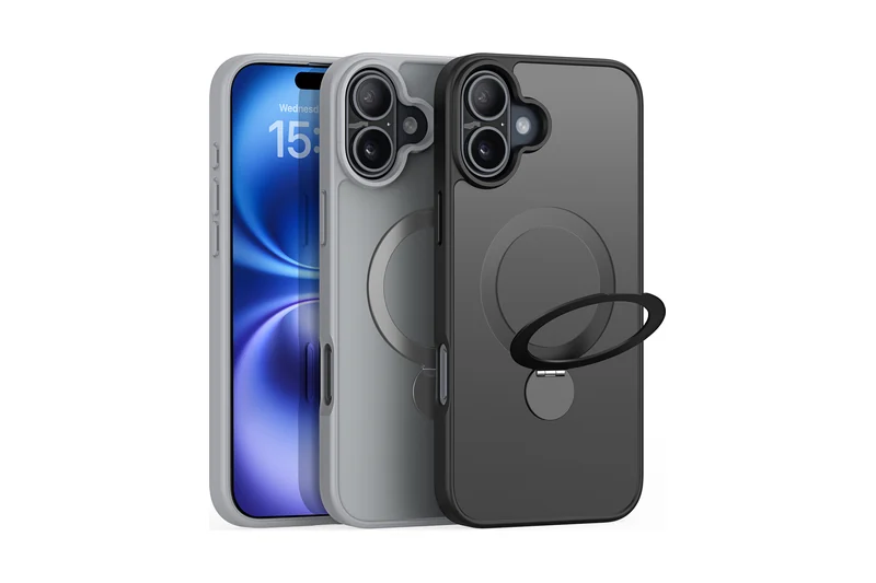 DUXDUCIS Phone Case for iPhone 16 with Stand - Black and Grey case views with opened ring stand