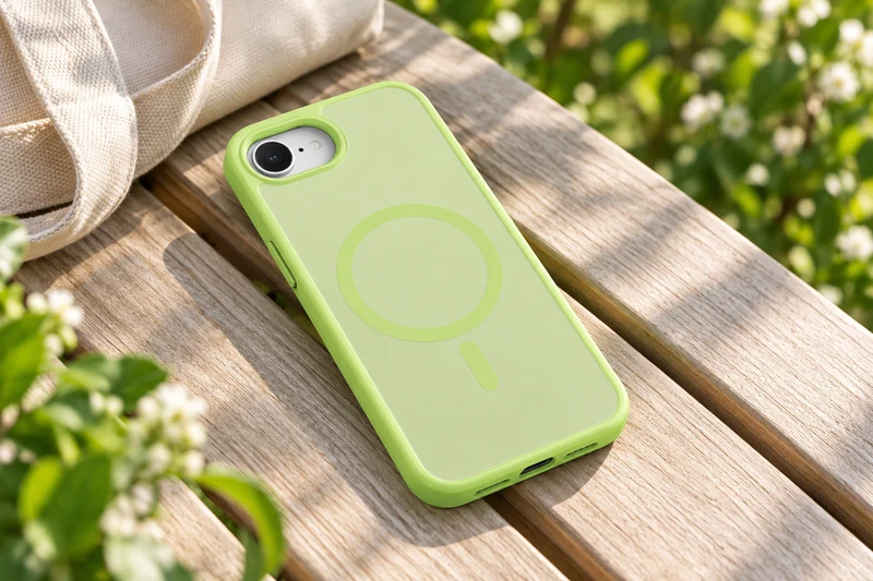DUXDUCIS Phone Case for iPhone-16e - Lime Green case on a sunlit timber garden bench beside a canvas tote