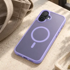 DUXDUCIS Phone Case for iPhone-17 V1 - Light Purple case in a sunlit everyday-carry scene beside a canvas tote