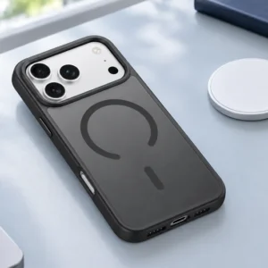 DUXDUCIS Phone Case for iPhone 17 Pro with Magnetic - Black case with an open magnetic ring in a pale blue-gray desktop charging scene