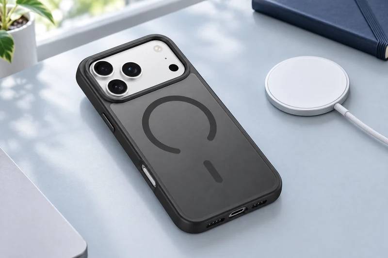 DUXDUCIS Phone Case for iPhone 17 Pro with Magnetic - Black case with an open magnetic ring in a pale blue-gray desktop charging scene
