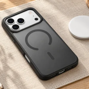 DUXDUCIS Phone Case for iPhone 17 Pro Max with Magnetic - Black case with an open magnetic ring in a warm desktop charging scene