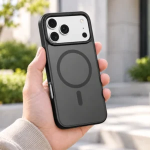 DUXDUCIS Phone Case for iPhone 17 Pro Max - Black magnetic case in an outdoor handheld scene
