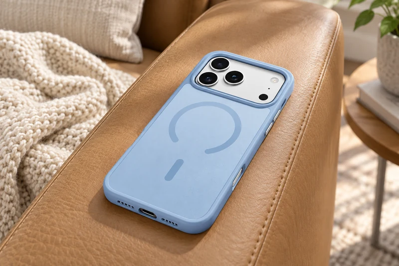 DUXDUCIS Phone Case for iPhone 18 &17 Pro - Light Blue case resting on a tan leather sofa armrest in a sunlit living room