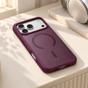 DUXDUCIS Phone Case for iPhone 18 &17 Pro Max - Dark Cherry case in a sunlit listening corner beside silver headphones