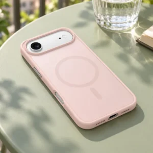 DUXDUCIS Phone Case for iPhone-Air-V1 - Light Pink case in a sunlit balcony reading scene on a sage green table