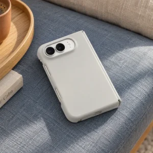 DUXDUCIS Phone Case for iPhone Duo - Off-white Piel Series iPhone Duo case on a steel-blue upholstered reading bench beside a pale oak tray and terracotta coffee cup