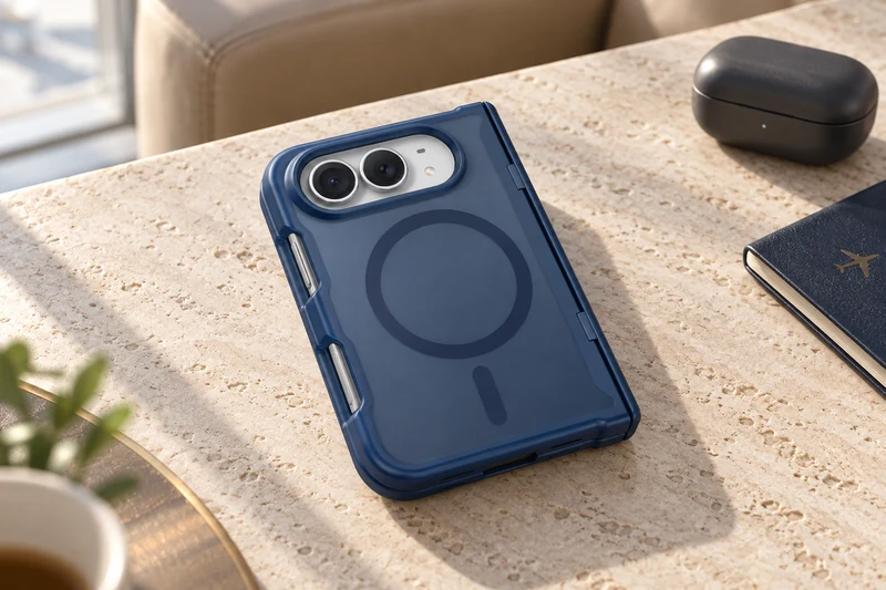 DUXDUCIS iPhone Duo with Magnetic - Dark Blue hinge-protection case on a travertine lounge table beside travel accessories