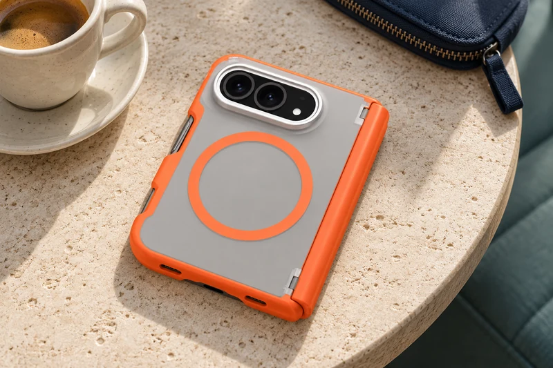 Funda DUXDUCIS para iPhone Duo V2 - Funda naranja de la serie EXPN para iPhone Duo sobre una mesa de cafetería de travertino claro junto a una taza de espresso color crema y una bolsa de lona azul marino