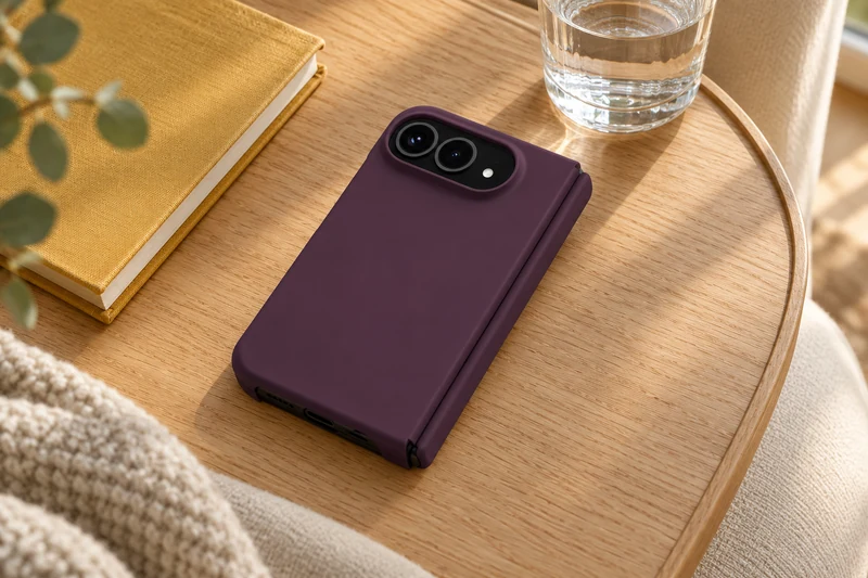 Funda DUXDUCIS para iPhone Ultra (iPhone Fold) - Funda cereza oscuro de la serie Piel para iPhone Ultra (iPhone Fold) sobre una mesa de regazo de roble claro en un sillón color crema, junto a un cuaderno de lino mostaza y un vaso transparente de agua