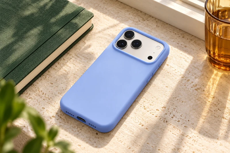 DUXDUCIS Phone Case for iPhone17 /18 Pro - Light Blue Piel Series iPhone 17 and 18 Pro case on an ivory limestone windowsill desk beside a forest green linen notebook and amber glass tumbler