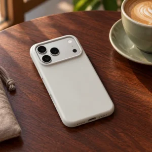 DUXDUCIS Phone Case for iPhone17 /18 Pro Max - Off-white Piel Series iPhone 17 and 18 Pro Max case on a dark cherry wood cafe table beside a sage coffee cup and taupe linen pouch