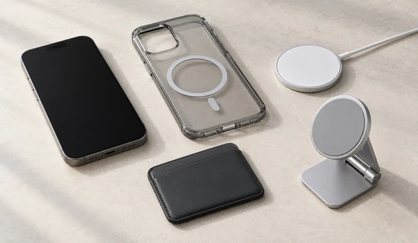 Smartphone, clear magnetic case, charging puck, wallet and stand arranged separately for compatibility review.