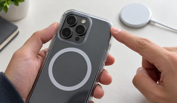 Hands inspecting the camera cutout and edge fit of a clear magnetic case fitted to a smartphone.