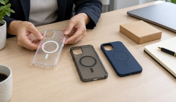 Buyer comparing clear, smoke-gray and navy magnetic phone case samples beside a notebook and sample box.