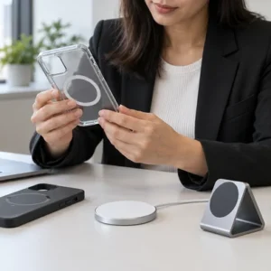 Procurement professional examining a clear magnetic phone case beside case, charging puck and stand samples.