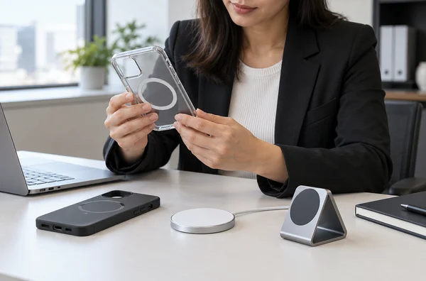 Procurement professional examining a clear magnetic phone case beside case, charging puck and stand samples.
