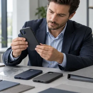 Buyer examining a phone case alongside clear, navy and charcoal samples on an office table.
