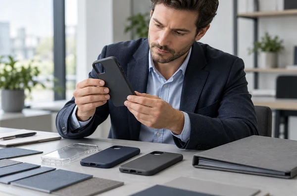 Buyer examining a phone case alongside clear, navy and charcoal samples on an office table.