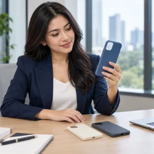 Businesswoman comparing phone case samples at a modern office desk.