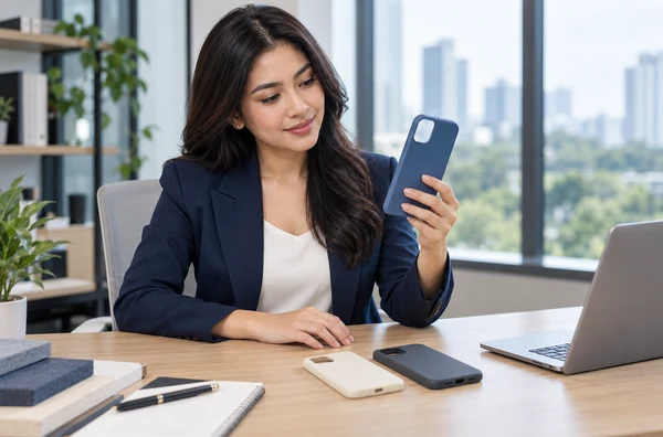 Businesswoman comparing phone case samples at a modern office desk.