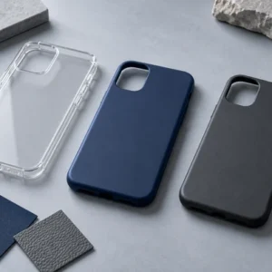 Clear, navy and charcoal phone case samples arranged for OEM material selection