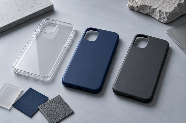 Clear, navy and charcoal phone case samples arranged for OEM material selection