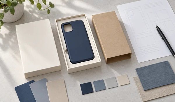 Navy phone case in plain packaging beside color swatches and a planning sheet.