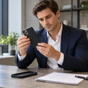 Businessman inspecting an unbranded phone case sample beside a review checklist.