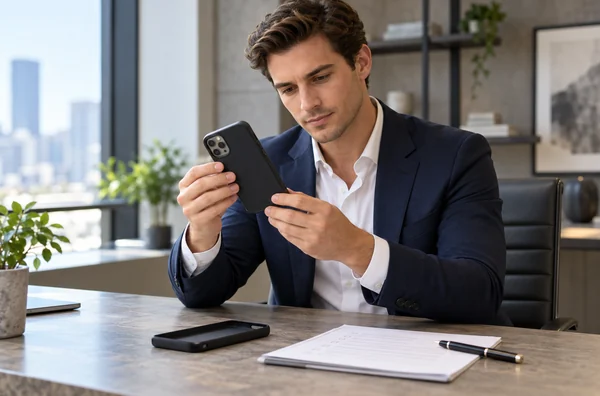 Businessman inspecting an unbranded phone case sample beside a review checklist.