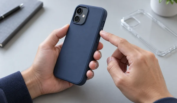 Hands checking a navy phone case’s side-button fit and camera opening on a smartphone.