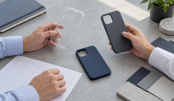 Colleagues comparing clear and charcoal phone case samples during an OEM specification review