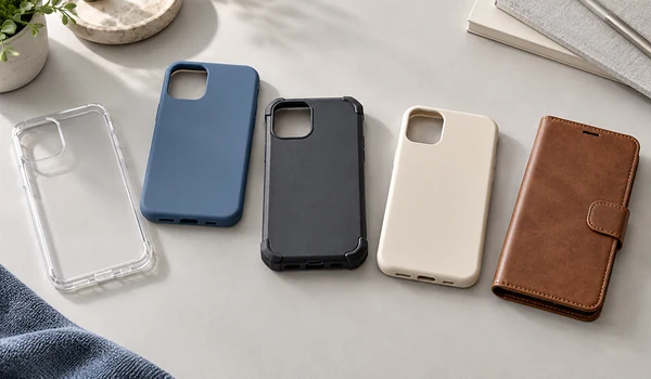 Clear, blue, charcoal, cream and brown folio phone case samples arranged on a desk.