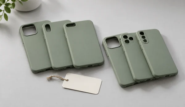 Two groups of unbranded sage phone case samples arranged beside a blank reference tag.